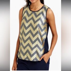 J. CREW Metallic Gold, Navy Blue, Sleeveless Blouse with Chevron Print Design
